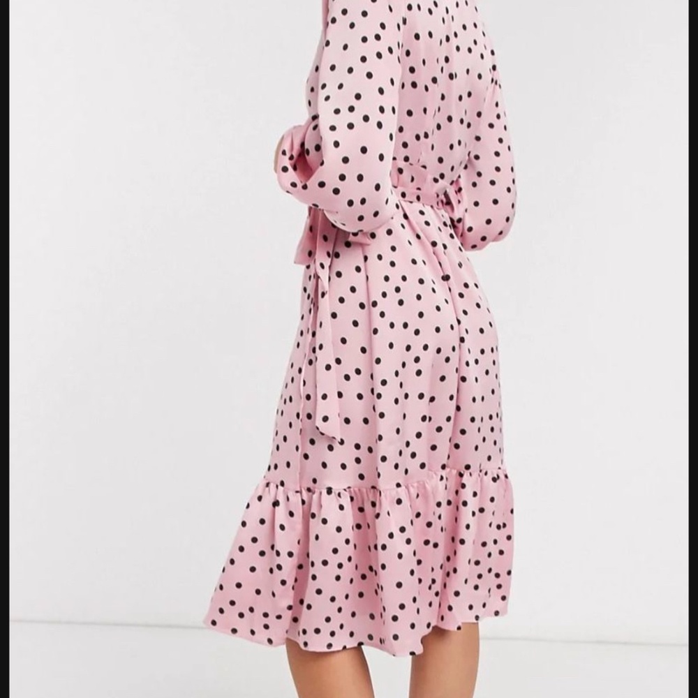 Vero Moda wrap midi dress with ruffle hem in pink polka dot - Picture 3 of 3